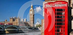 London symbols with BIG BEN, DOUBLE DECKER BUS, FLAG and Red Phone Booths in England, UK