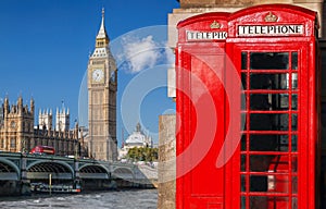 London symbols with BIG BEN, DOUBLE DECKER BUS, FLAG and Red Phone Booths in England, UK