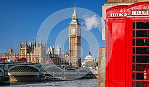 London symbols with BIG BEN, DOUBLE DECKER BUS, FLAG and Red Phone Booths in England, UK