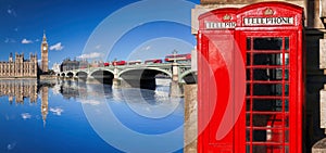 London symbols with BIG BEN, DOUBLE DECKER BUS, FLAG and Red Phone Booths in England, UK