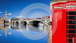 London symbols with BIG BEN, DOUBLE DECKER BUS, FLAG and Red Phone Booths in England, UK