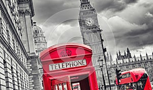 London symbols with big ben, double decker bus and red phone boo