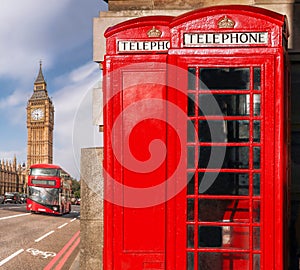 London symbols with BIG BEN, DOUBLE DECKER BUS and Red Phone Booths in England, UK