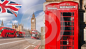 London symbols with BIG BEN, DOUBLE DECKER BUS and Red Phone Booths in England, UK