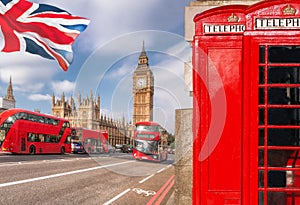 London symbols with BIG BEN, DOUBLE DECKER BUS and Red Phone Booths in England, UK