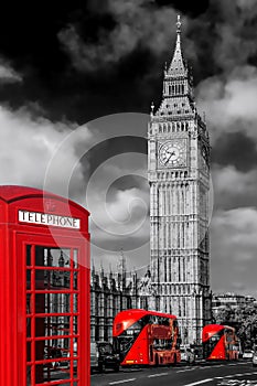 London symbols with BIG BEN, DOUBLE DECKER BUSES and Red Phone Booth in England, UK