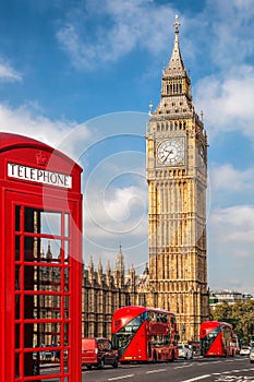 London symbols with BIG BEN, DOUBLE DECKER BUSES and Red Phone Booth in England, UK