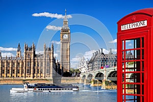 London symbols with BIG BEN, DOUBLE DECKER BUSES and Red Phone Booth in England, UK