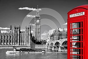 London symbols with BIG BEN, DOUBLE DECKER BUSES and Red Phone Booth in England, UK