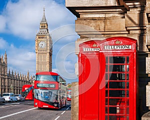 London symbols with BIG BEN, DOUBLE DECKER BUSES and Red Phone Booths in England, UK