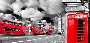 London symbols with BIG BEN, DOUBLE DECKER BUSES and Red Phone Booths in England, UK