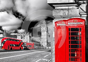 London symbols with BIG BEN, DOUBLE DECKER BUSES and Red Phone Booths in England, UK