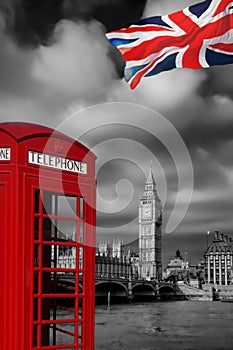 London symbols with BIG BEN and Red Phone Booth in England, UK