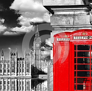 London symbols with BIG BEN and red PHONE BOOTHS in England