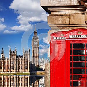 London symbols with BIG BEN and red PHONE BOOTHS in England