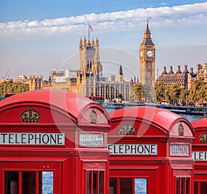 London symbols with BIG BEN and Red Phone Booths in England, UK