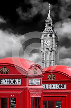 London symbols with BIG BEN and red Phone Booths in England, UK