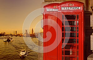 London symbols with BIG BEN and red Phone Booths in England, UK