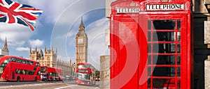 London symbols with BIG BEN, DOUBLE DECKER BUS and Red Phone Booths in England, UK photo