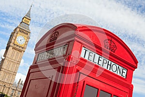 London symbols: red telephone box, Big Ben