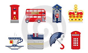 London Symbols Set, England Elements, Red Bus, Tea Cup, Umbrella, Red Telephone Booth, Crown Vector Illustration