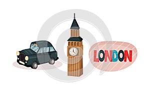 London Symbols with Taxi Cab and Big Ben Tower with Clock Vector Set