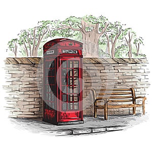 london telephone booth at a brick wall with a bench sketch