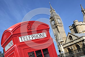London UK British red telephone box booth big ben