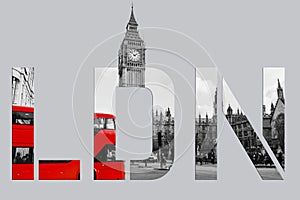 London text banner - Westminster scene with big ben and red bus