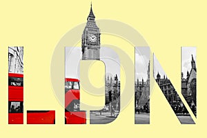 London text banner - Westminster scene with big ben and red bus