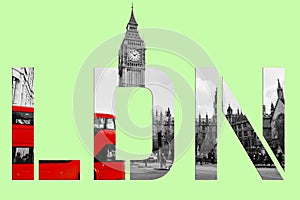 London text banner - Westminster scene with big ben and red bus