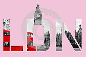 London text banner - Westminster scene with big ben and red bus