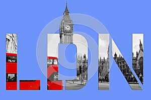 London text banner - Westminster scene with big ben and red bus