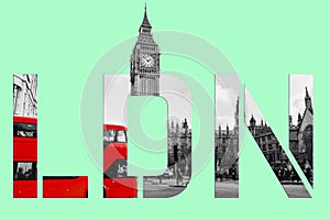 London text banner - Westminster scene with big ben and red bus