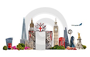 London. Tourist and business collage, London's famous buildings against of white background