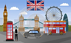 London touristic poster with famous landmarks and symbols. Flat style.