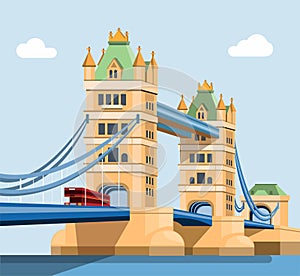 London Tower Bridge across the river thames. famous landmark building in United Kingdom illustration concept in flat cartoon vecto