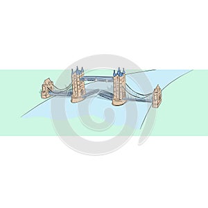 London Tower Bridge and river thames hand drawn with black lines isolated on white background illustration vector