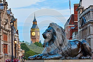 London Trafalgar Square lion and Big Ben