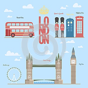 London travel info graphic Vector illustration of the and symbols, briges, big-ben, telephone boxes, bus, queen guards