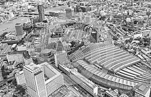 London, UK. Aerial view of Waterloo station and city skyline