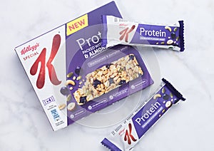 LONDON, UK - APRIL 27, 2018: Box of Kellog`s Protein bar with seeds and fruits on marble.