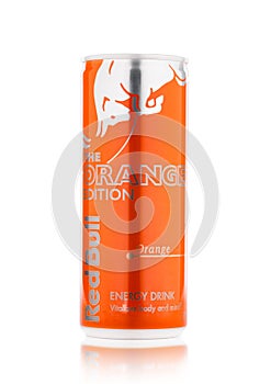 LONDON, UK - APRIL 12, 2017: Can of Red Bull Energy Drink The Orange Editionon white background. Red Bull is the most popular ener