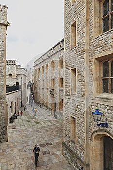 The inner ward area of Royal Palace and Fortress of the Tower of London, a historic castle and popular tourist attraction, England