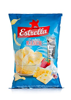 LONDON, UK - APRIL 15, 2019: Pack of Estrella American Ranch potato crisps chips with cheese on white background