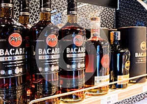 LONDON, UK - AUGUST 31, 2018: Bacardi rum bottles on the shelf in liquor store.