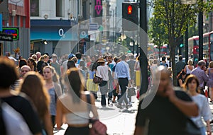 Lots of people walking in Oxford street, the main destination of Londoners for shopping. Modern life concept. London