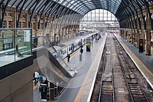 Trains at the platform at King's Cross station in London