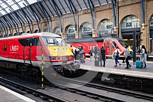Trains at the platform at King's Cross station in London