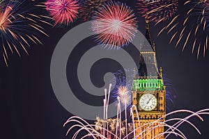 London, UK - Big Ben with fireworks during New Year\'s celebration